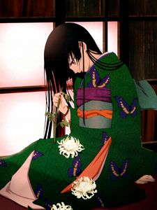 Preview wallpaper anime, girl, brunette, kimono, flowers