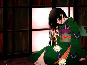 Preview wallpaper anime, girl, brunette, kimono, flowers