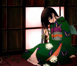 Preview wallpaper anime, girl, brunette, kimono, flowers