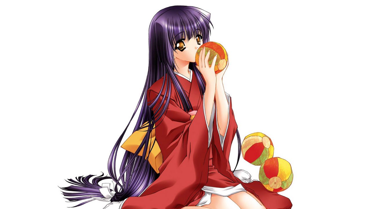 Wallpaper anime, girl, brunette, kimono, ball, posture