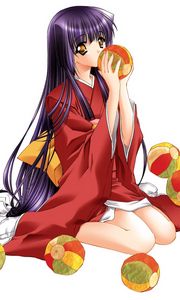 Preview wallpaper anime, girl, brunette, kimono, ball, posture