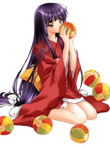 Preview wallpaper anime, girl, brunette, kimono, ball, posture