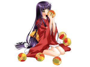 Preview wallpaper anime, girl, brunette, kimono, ball, posture