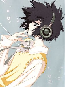 Preview wallpaper anime, girl, brunette, earphones, bubbles