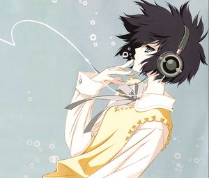 Preview wallpaper anime, girl, brunette, earphones, bubbles