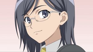 Preview wallpaper anime, girl, brunette, glasses, grin, form of