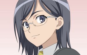 Preview wallpaper anime, girl, brunette, glasses, grin, form of