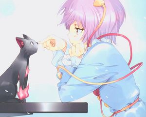 Preview wallpaper anime, girl, cat, sadness, disappointment