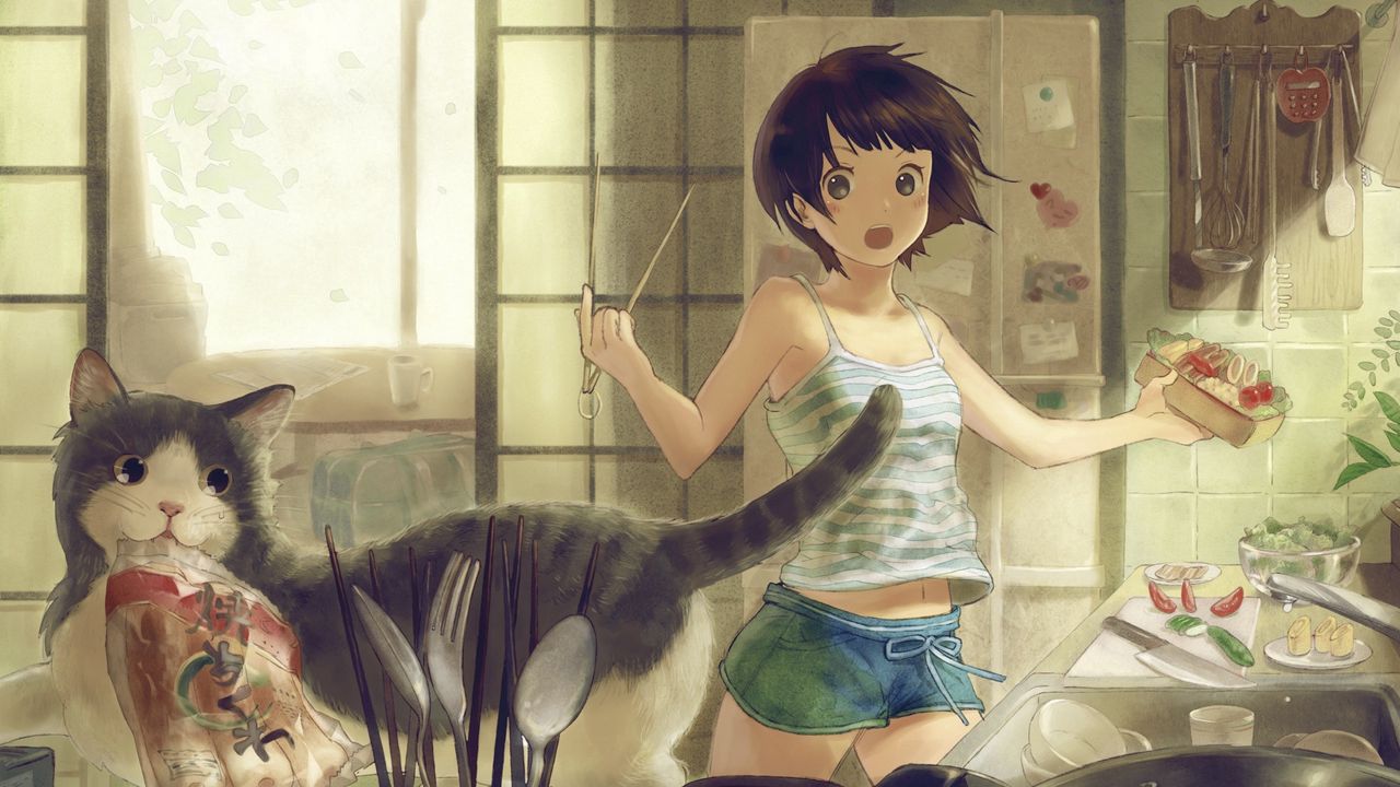 Wallpaper anime, girl, cat, room