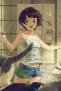 Preview wallpaper anime, girl, cat, room