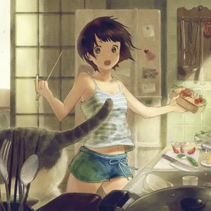 Preview wallpaper anime, girl, cat, room