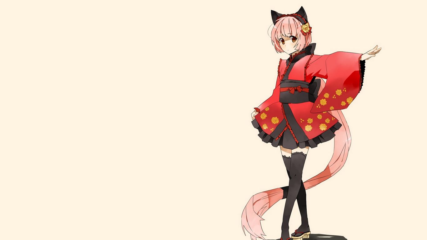 Download wallpaper 1366x768 anime, girl cat, costume, ears, kimono