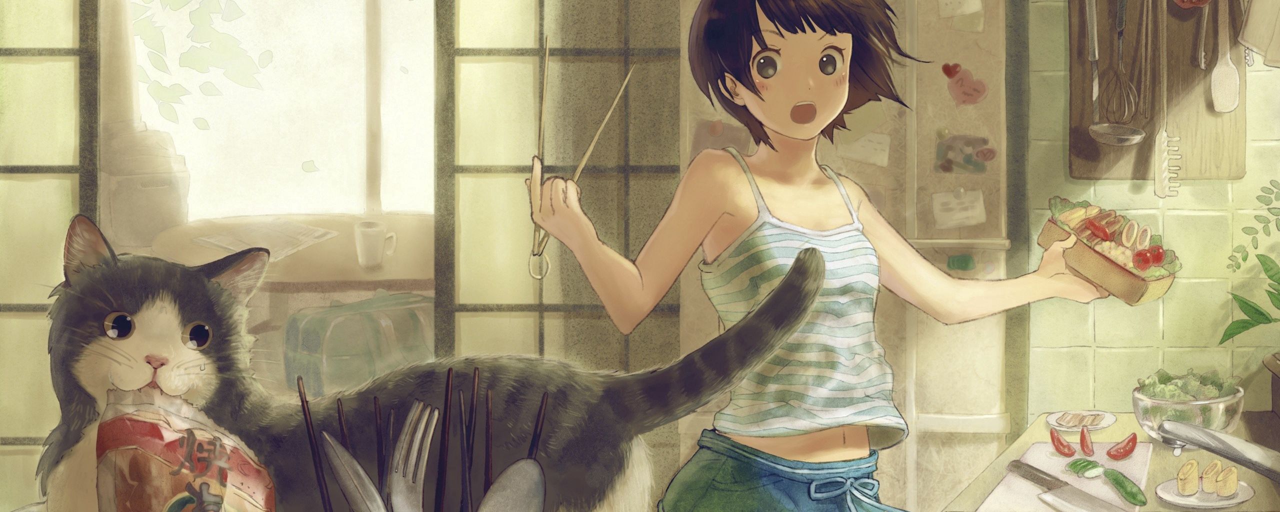 Download wallpaper 2560x1024 anime, girl, cat, room ultrawide monitor ...