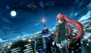 Preview wallpaper anime, girl, city, night, wind