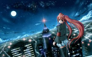 Preview wallpaper anime, girl, city, night, wind