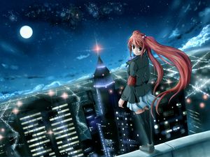 Preview wallpaper anime, girl, city, night, wind