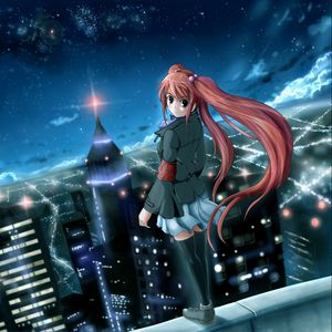Preview wallpaper anime, girl, city, night, wind