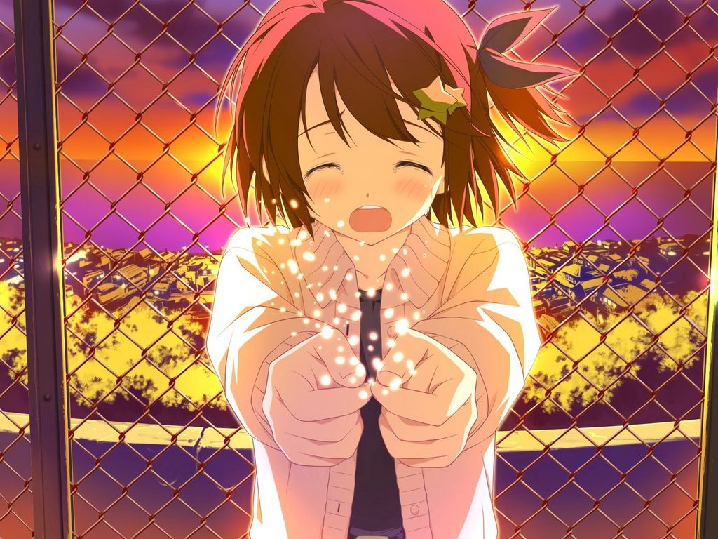 Download wallpaper 1024x768 anime, girl, crying, fence, city, sunset  standard 4:3 hd background