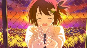 Preview wallpaper anime, girl, crying, fence, city, sunset