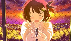 Preview wallpaper anime, girl, crying, fence, city, sunset