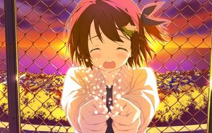 Preview wallpaper anime, girl, crying, fence, city, sunset