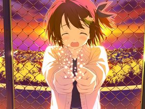 Preview wallpaper anime, girl, crying, fence, city, sunset