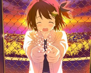 Preview wallpaper anime, girl, crying, fence, city, sunset