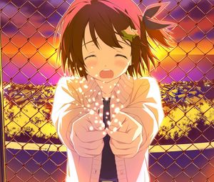 Preview wallpaper anime, girl, crying, fence, city, sunset