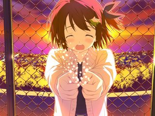 Download wallpaper 320x240 anime, girl, crying, fence, city, sunset nokia  e72, e71, asha, alcatel onetouch hd background