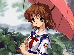 Preview wallpaper anime, girl, cute, umbrella, rain, nature