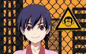 Preview wallpaper anime girl, cute, smile, fence, sign
