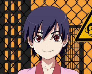 Preview wallpaper anime girl, cute, smile, fence, sign