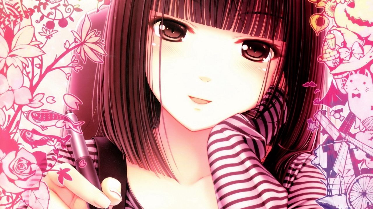 Wallpaper anime, girl, face, pen, white, pink