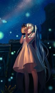 Preview wallpaper anime, girl, glow, lights, night, lamp