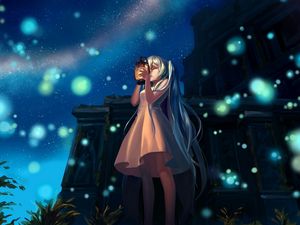 Preview wallpaper anime, girl, glow, lights, night, lamp