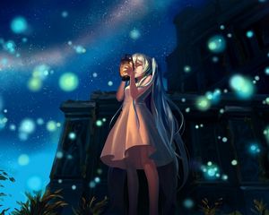 Preview wallpaper anime, girl, glow, lights, night, lamp