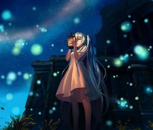 Preview wallpaper anime, girl, glow, lights, night, lamp