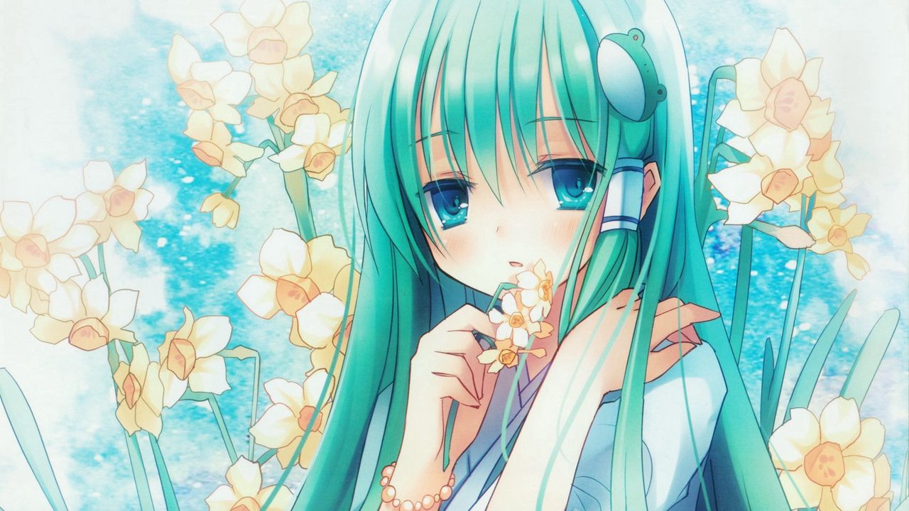 Wallpaper anime, girl, hair, long, flower, narcissus, eye