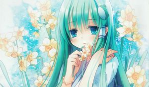 Preview wallpaper anime, girl, hair, long, flower, narcissus, eye