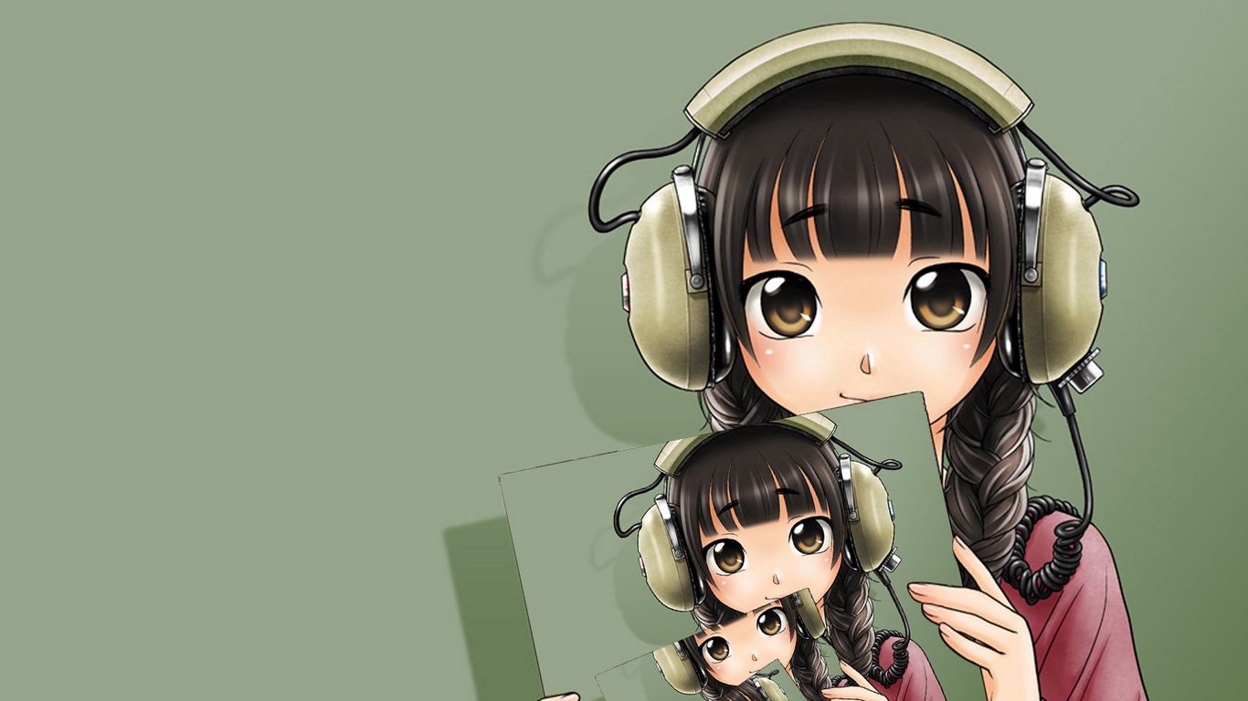 Download wallpaper 1366x768 anime, girl, headphones, photographs, copies  tablet, laptop hd background