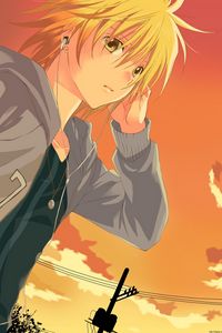 Preview wallpaper anime, girl, headphones, sunset, evening