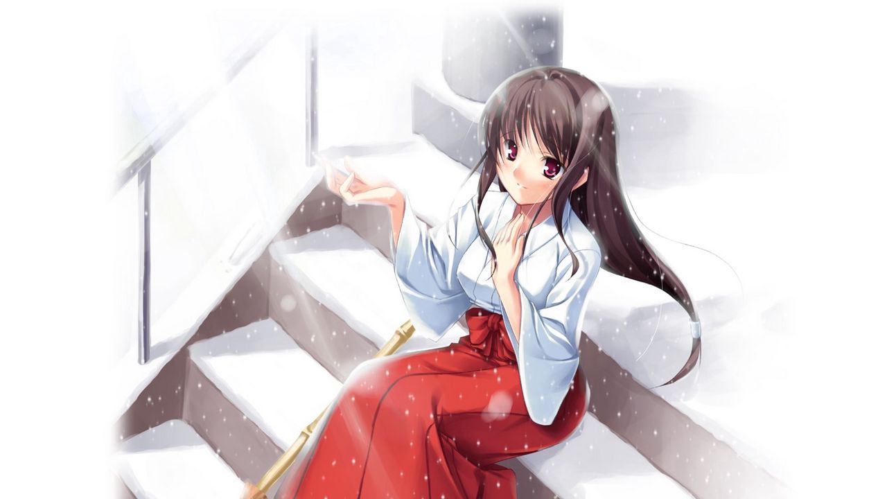 Wallpaper anime, girl, kimono, snow, broom