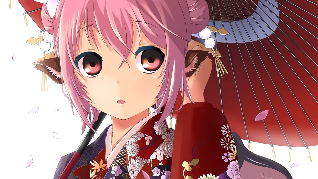 Wallpaper anime, girl, kimono, umbrella, surprise