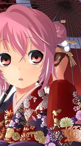 Preview wallpaper anime, girl, kimono, umbrella, surprise