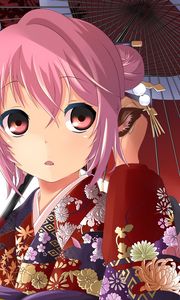 Preview wallpaper anime, girl, kimono, umbrella, surprise