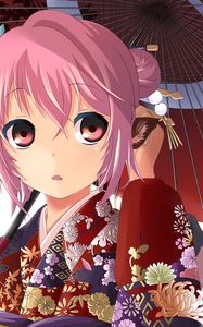 Preview wallpaper anime, girl, kimono, umbrella, surprise