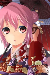Preview wallpaper anime, girl, kimono, umbrella, surprise