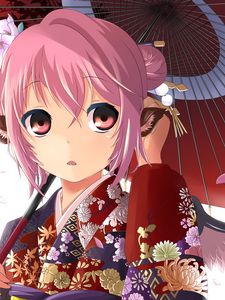 Preview wallpaper anime, girl, kimono, umbrella, surprise