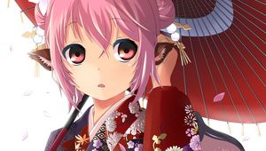 Preview wallpaper anime, girl, kimono, umbrella, surprise