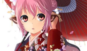 Preview wallpaper anime, girl, kimono, umbrella, surprise